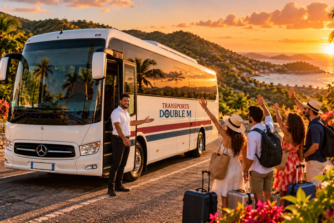 Le dirigeant accueille des voyageurs devant l autocar au coucher du soleil
