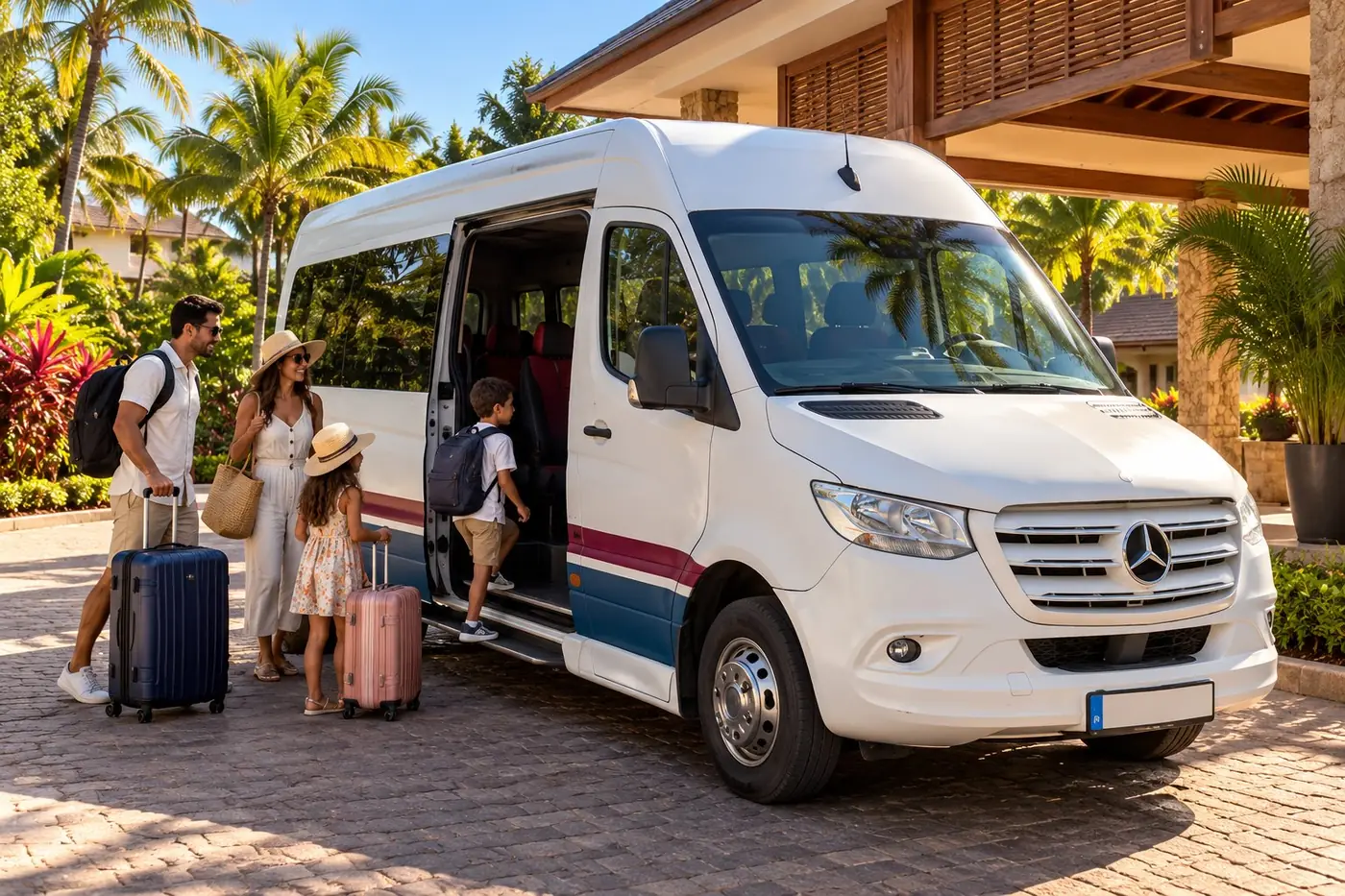 Famille et bagages devant un minibus à l'entrée d'un hôtel
