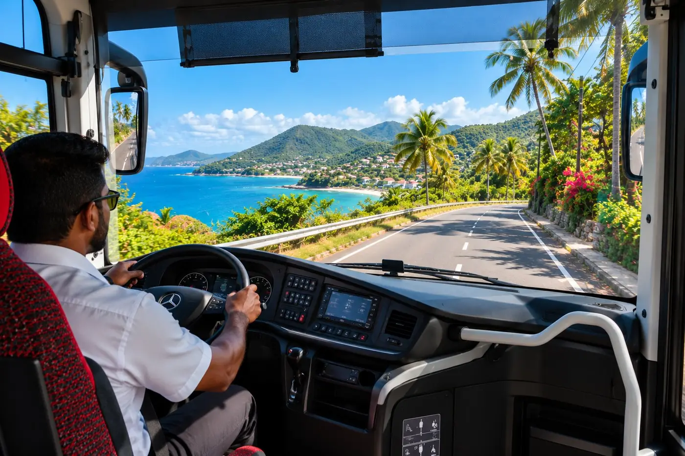 Route de Guadeloupe vue depuis la cabine, chauffeur au volant