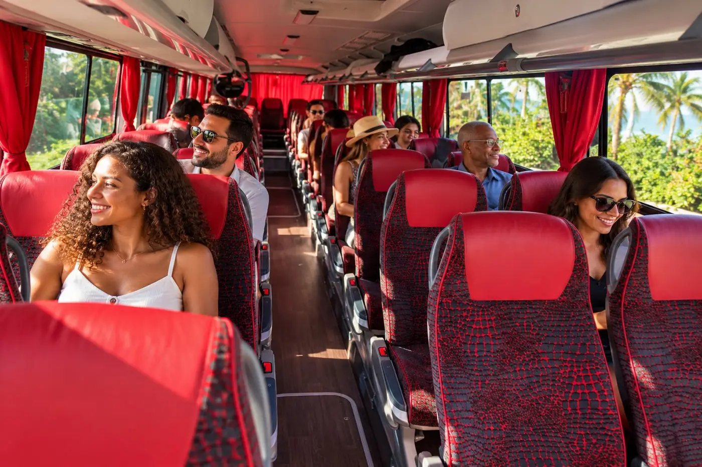 Passagers souriants à bord de l'autocar