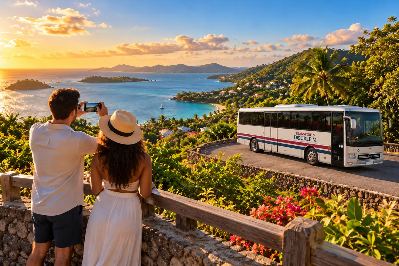 Couple photographiant un panorama de Guadeloupe, autocar au loin